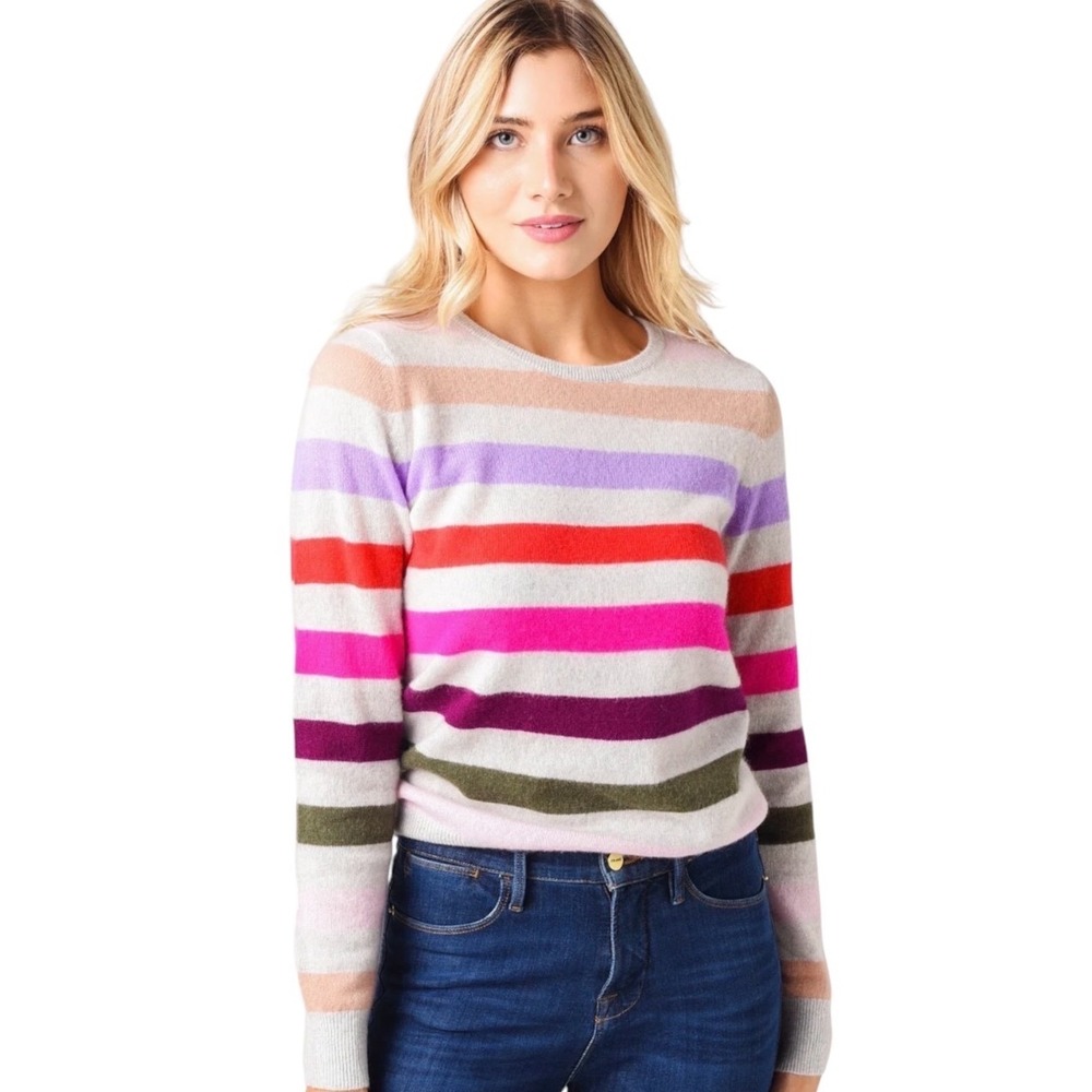 White + Warren 100% Cashmere Striped Crewneck Sweater Multi-Color Size L
